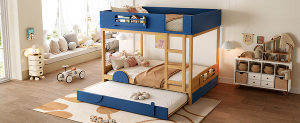 English Elm Queen Bunk Bed with Trundle Solid Pine Kids Car Themed Frame Built-in Bookshelf Blue,Natural W1580S00447