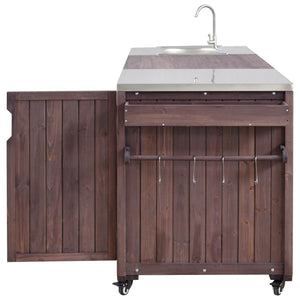 English Elm K&k Solid Fir Outdoor Kitchen Island with Sink Stainless Steel Top and Grill Cutout Brown N707S000022Z