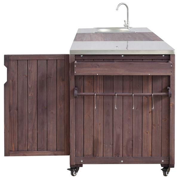 English Elm K&k Solid Fir Outdoor Kitchen Island with Sink Stainless Steel Top and Grill Cutout Brown N707S000022Z