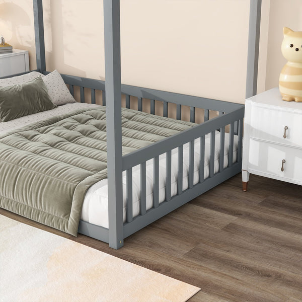 English Elm Full Size Canopy Floor Bed With Guardrails - Sturdy Rubberwood Frame In Soft Grey Finish W504P345754