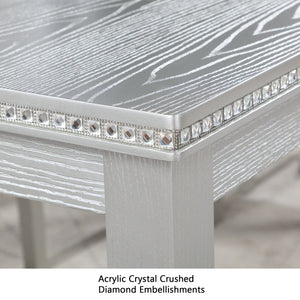 English Elm Wooden Counter Height Square Dining Table Glam Crystal Edge Detail Seats Four Silver Grey W1998128389