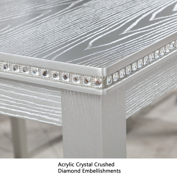 English Elm Wooden Counter Height Square Dining Table Glam Crystal Edge Detail Seats Four Silver Grey W1998128389
