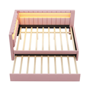 English Elm Upholstered Full Platform Bed with Trundle, Built-In USB Ports & LED Accent, Linen Upholstery Pink DL001925AAH