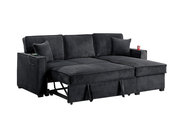 English Elm Contemporary Black Corduroy Sectional with Usb Charging Storage Chaise Sleeper Sofa B011S02176