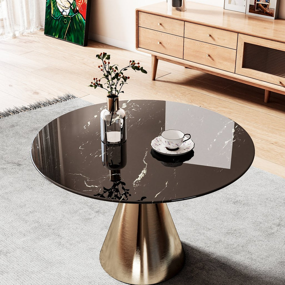 English Elm 30"inch Round Tempered Glass Tabletop Marble Pattern Indoor Outdoor Patio Dining Black W241P361472
