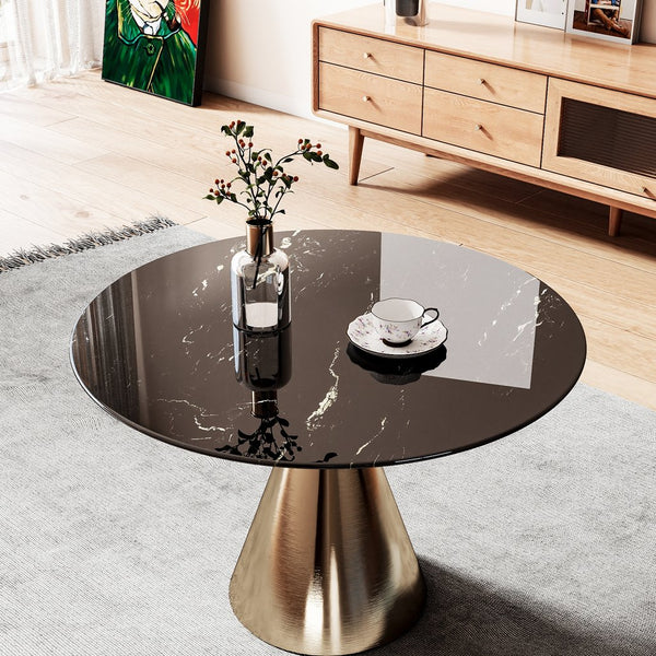 English Elm 30"inch Round Tempered Glass Tabletop Marble Pattern Indoor Outdoor Patio Dining Black W241P361472