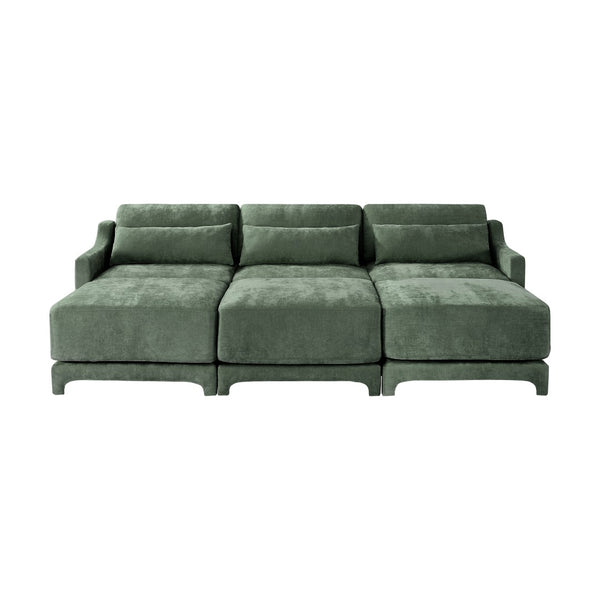 English Elm Three-Seater Sofa Set With 3 Movable Ottomans, Ergonomic Design, Chenille Fabric, Green Comfort W714S01219-GIGA