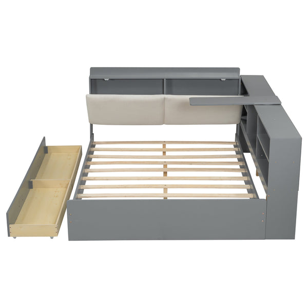 English Elm Wood Full Size platform bed with storage headboard, built-in shelves and drawers, sturdy pine frame, compact solution for small rooms Gray GX002054AAE