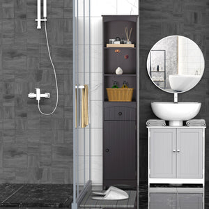 English Elm HOMCOM Tall Bathroom Linen Cabinet – Narrow Free-Standing MDF Tower with 3 Shelves, Drawer, Brown W2225P229566