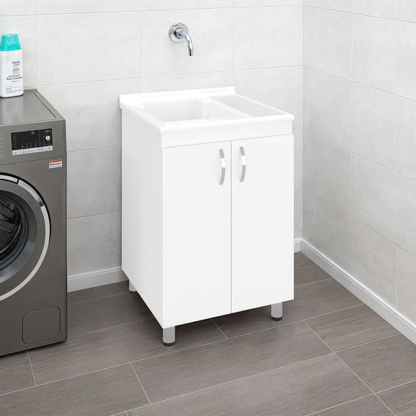 English Elm Slee White Utility Sink Cabinet with Metal Legs and Storage for Laundry Mudroom B128S00248