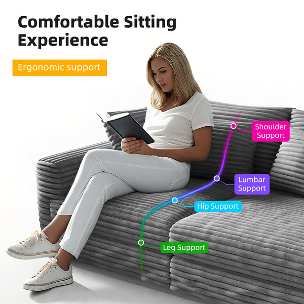 English Elm 102.4 Inch Plush Corduroy Cloud Sofa Deep Seat Four Person Convertible Lounge for Living Room Grey W1885S00274