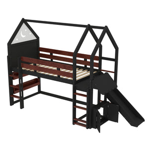 English Elm Full Size Pine Loft Bed House Frame with Slide Bookshelves and Moon Star Rails W1580S00311