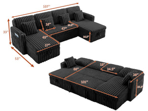 English Elm U Shaped Corduroy Sectional Sofa with Pull Out Sleeper Dual Storage Chaise and Usb Ports Black W2564S00100