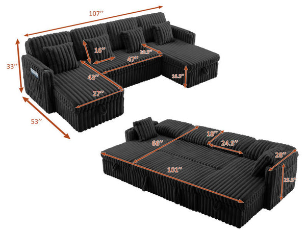 English Elm U Shaped Corduroy Sectional Sofa with Pull Out Sleeper Dual Storage Chaise and Usb Ports Black W2564S00100