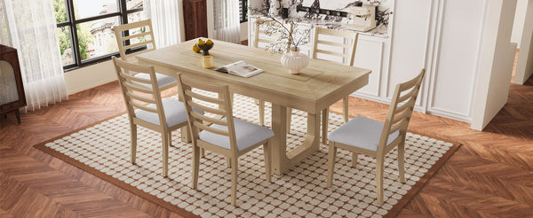 English Elm 7 Extendable Dining Table Set with 18" Leaf and 6 Upholstered Chairs — Rustic Farmhouse 60–78" Wood Veneer Table Natural N752S000090N