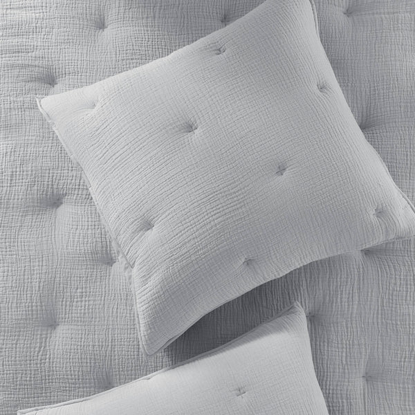 English Elm 3-piece Cotton Muslin Quilt Set Crinkled Texture Embroidered Tacking Breathable Bedding Blue B035P408345