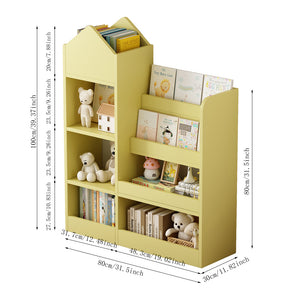 English Elm Yellow Kids Wooden Bookshelf Organizer with 6 Compartments, 2 Removable Bins, Sturdy MDF, Playroom Storage W2876P233555