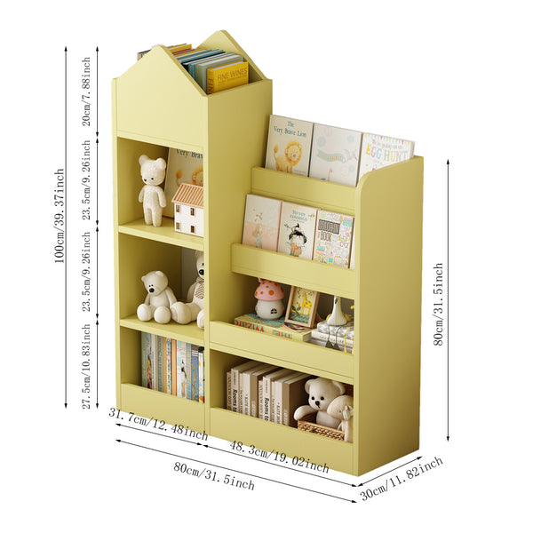 English Elm Yellow Kids Wooden Bookshelf Organizer with 6 Compartments, 2 Removable Bins, Sturdy MDF, Playroom Storage W2876P233555