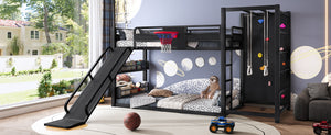 English Elm Twin Metal Loft Bed with Slide Basketball Hoop Climbing Wall and Built-in Shelves Black W1580S00342
