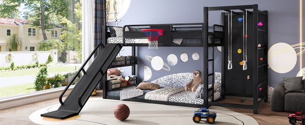 English Elm Twin Metal Loft Bed with Slide Basketball Hoop Climbing Wall and Built-in Shelves Black W1580S00342