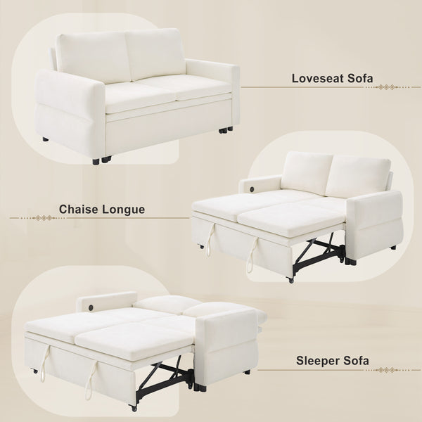 English Elm Convertible Chenille Sleeper Loveseat with Usb Ports and Reclining Backrest for Small Spaces Beige N719P390439A