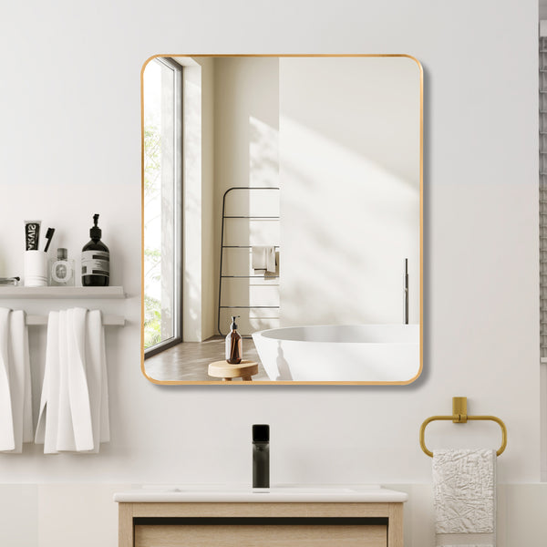 English Elm Gold 30x36 Rectangular Bathroom Mirror – Brushed Aluminum Alloy Frame, Shatterproof HD Glass, Easy Install W2203P310396