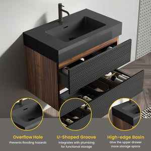 English Elm Alice Floating Bathroom Vanity Rosewood Finish Engineered Stone Basin Triple Drawer W1865S00185