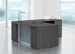 OSP Home Furnishings Napa Executive L-shape Desk with Tempered Glass Panel and Bow Front Work Surface NAPSGW-TYP208G