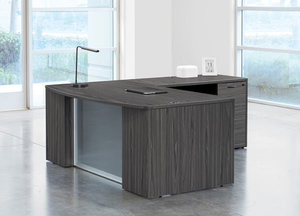 OSP Home Furnishings Napa Executive L-shape Desk with Tempered Glass Panel and Bow Front Work Surface NAPSGW-TYP208G
