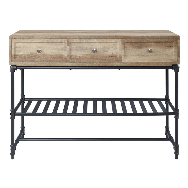 English Elm Mankato Oak and Sandy Black Sofa Table with 3 Drawers, Slatted Shelf & Powder-Coated Metal Legs B062P186450