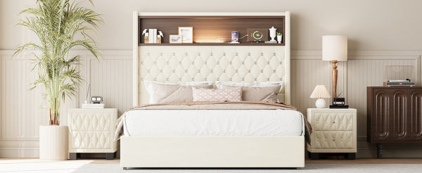 English Elm Full Velvet Wingback Platform Bed Tufted Headboard Shelf Usb Port Rivet Trim N733P368653A