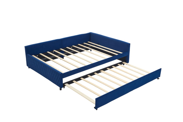 English Elm Upholstered Velvet Daybed with Pull Out Trundle Diamond Tufted Guest Bedroom Sofa Navy W1361S00068