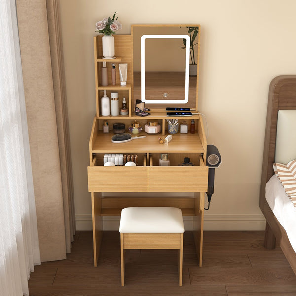 English Elm Vanity compact dressing desk with LED mirror, 3-color dimmable lights, drawers, stool, outlet Wood W2699P345799