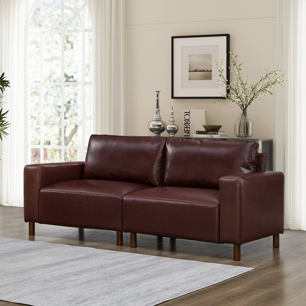 English Elm 78.5" Mid-century Faux Leather Loveseat with Solid Wood Legs for Living Room or Apartment Burgundy W1097S00253