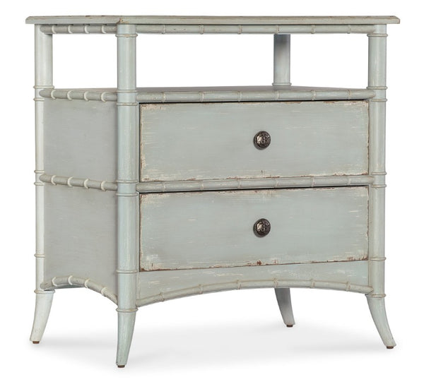 Hooker Furniture Charleston Nightstand With White Heron Finish, Cathedral Cherry Veneers, Self-Closing Drawers, Open Shelf Blues 6750-90216-40