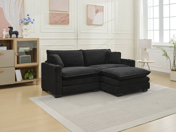 English Elm L Shape Sofa Couch With Usb Charging, Cup Holder, Stylish Corduroy Fabric, Compact 2-Seater With Ottoman W2100S00139