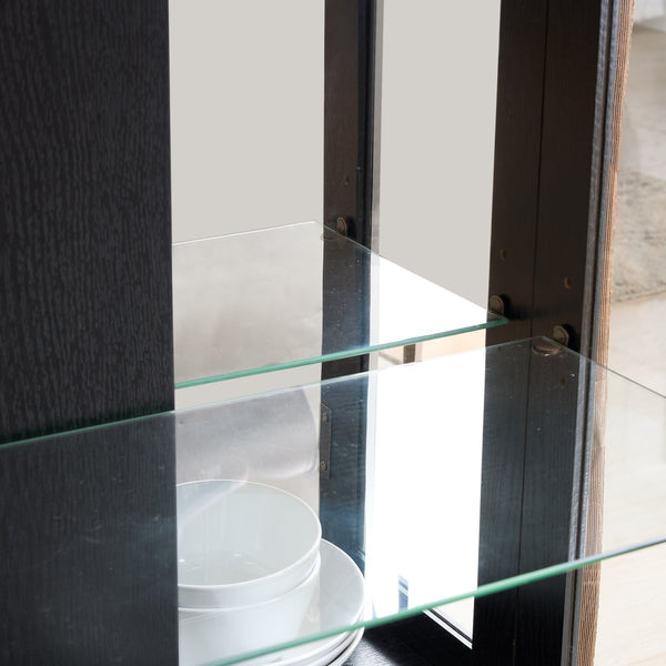 English Elm Curio Cabinet with Lighted Tempered Glass, Mirrored Back, Adjustable Shelves, Vintage Handle — Black W2275P389705