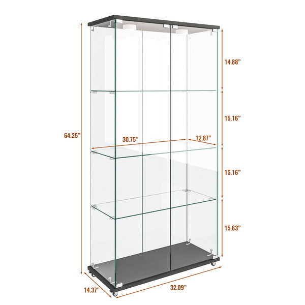 English Elm Modern Tempered Glass Display Cabinet With Led Lights - 2-Door, 4-Shelf Antique Style For Home & Retail W241S00055