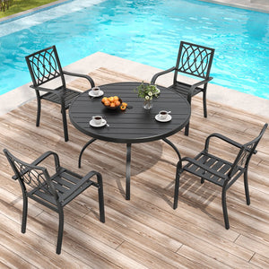 English Elm 5-piece Outdoor Round Dining Set Wood-grain Slat Table Stackable Steel Chairs Garden Black W3979S00025