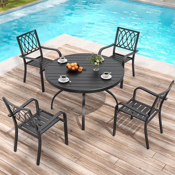English Elm 5-piece Outdoor Round Dining Set Wood-grain Slat Table Stackable Steel Chairs Garden Black W3979S00025