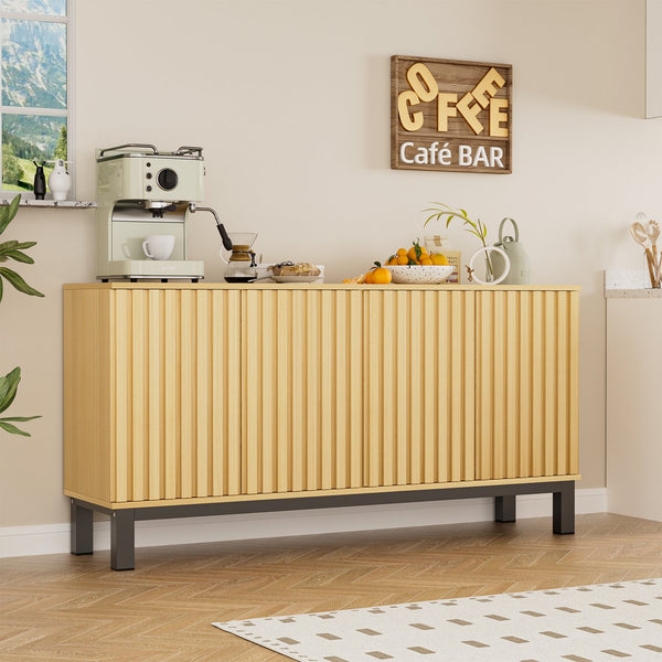 English Elm Sideboard Fluted Credenza with Soft Close Doors Walnut Finish Mid Century Storage T3773P417322