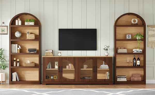 English Elm 3-piece Farmhouse Entertainment Center with Arched Glass Doors and Open Tower Shelving Walnut N721S000070P