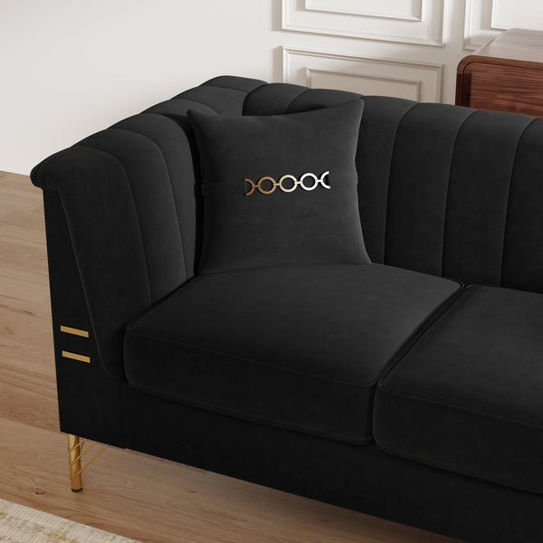 English Elm FX-P82-2PC Velvet Sofa Set of 2 — Plush Tufted 3-Seater Couches with Gold Metal Legs for Stylish Homes Black W576S00241