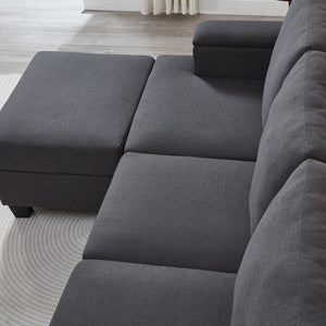 English Elm 86" Linen Sectional Sofa with Storage Ottoman Reversible Chaise for Small Spaces Dark Gray W1669S00038