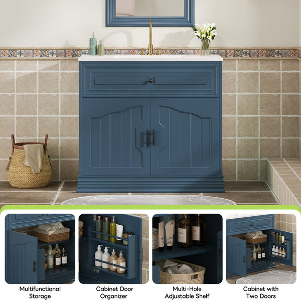 English Elm 36" Luxurious Bathroom Vanity with Ceramic Sink and Soft-Close Doors, Solid Wood Frame, Adjustable Shelves Blue N710P288944C