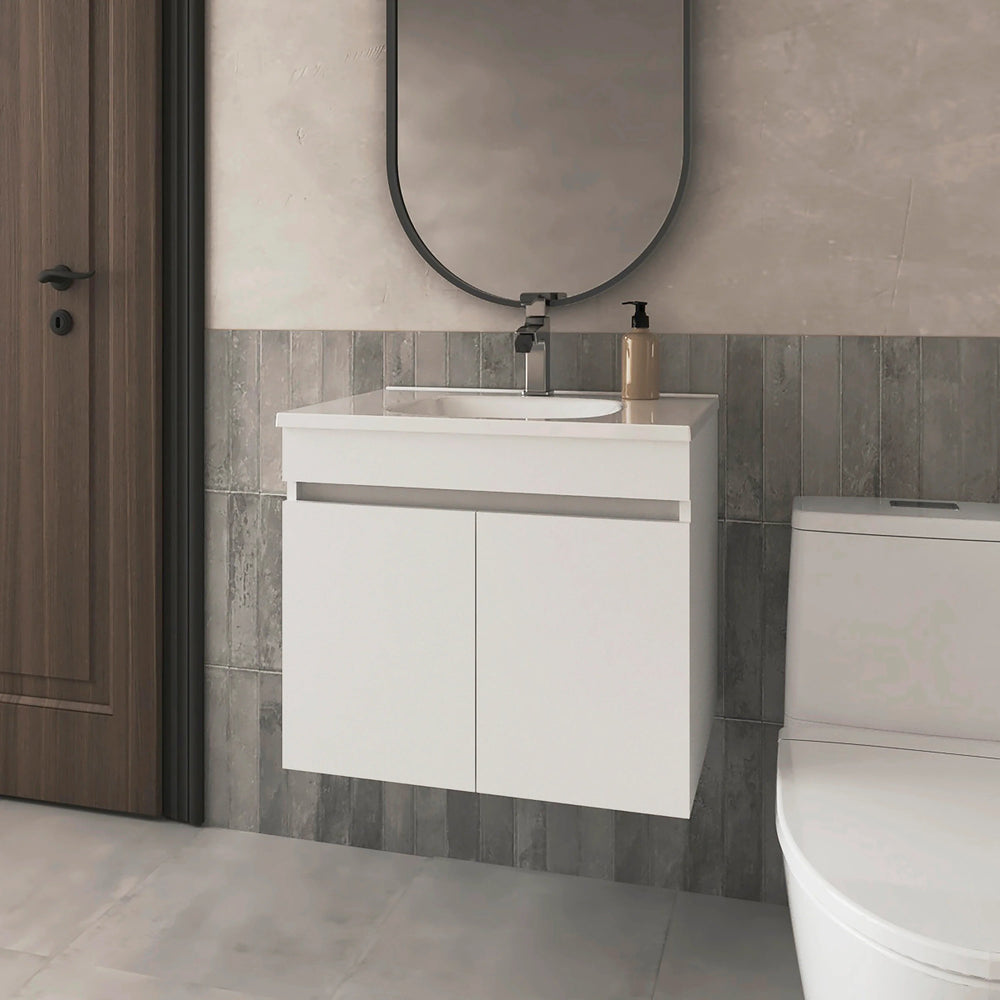 English Elm White Floating Vanity with Dual Doors and Integrated Basin, Wall-Mounted Compact Bathroom Storage Solution B062P303926
