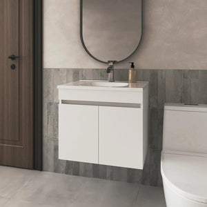 English Elm White Floating Vanity with Dual Doors and Integrated Basin, Wall-Mounted Compact Bathroom Storage Solution B062P303926