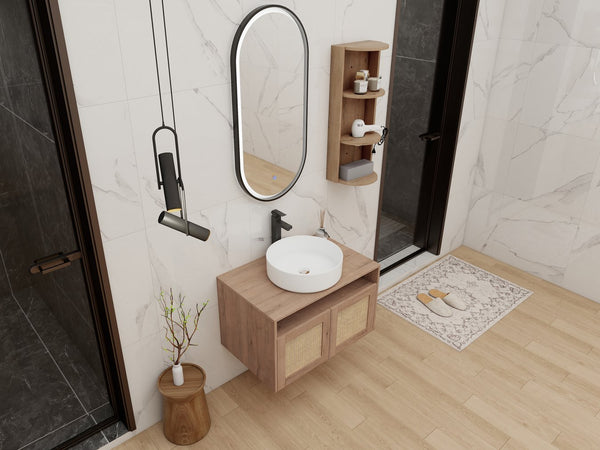 English Elm 30" Floating Bathroom Vanity Oak Finish Ceramic Vessel Sink Soft Close Plywood Cabinet W999S00501