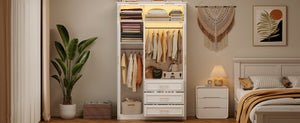 English Elm 3 Door Wardrobe Armoire Closet with LED Lighting, 4-Door Style, 3 Drawers, White Gold Accents, Spacious Storage N7090001843K