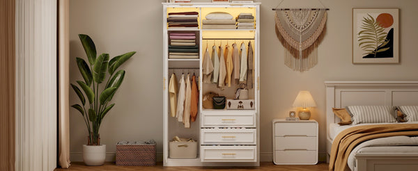 English Elm 3 Door Wardrobe Armoire Closet with LED Lighting, 4-Door Style, 3 Drawers, White Gold Accents, Spacious Storage N7090001843K
